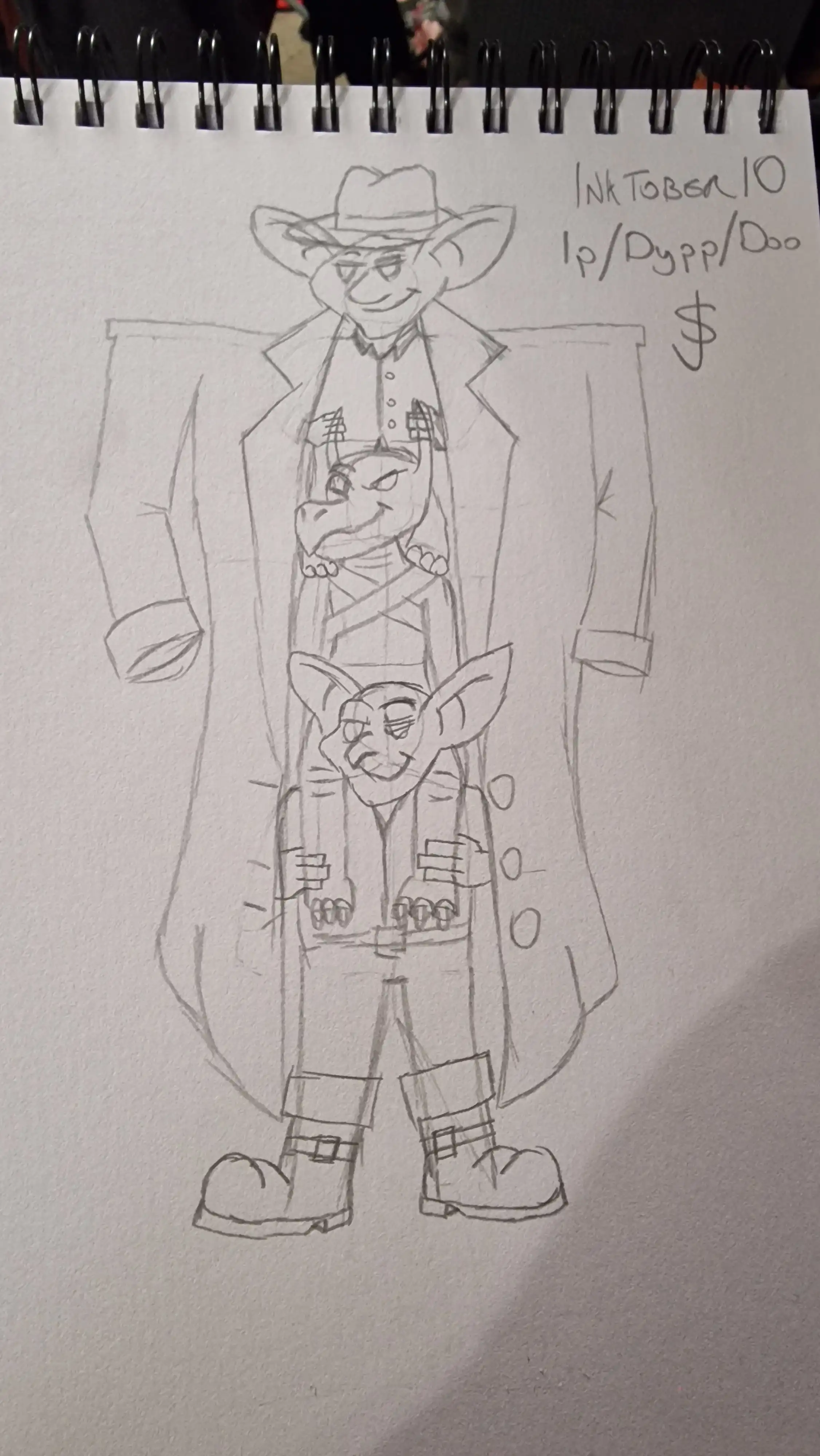 Pencil sketch of Ipp, Dypp and Doo — two goblins and a kobold in a trenchcoat