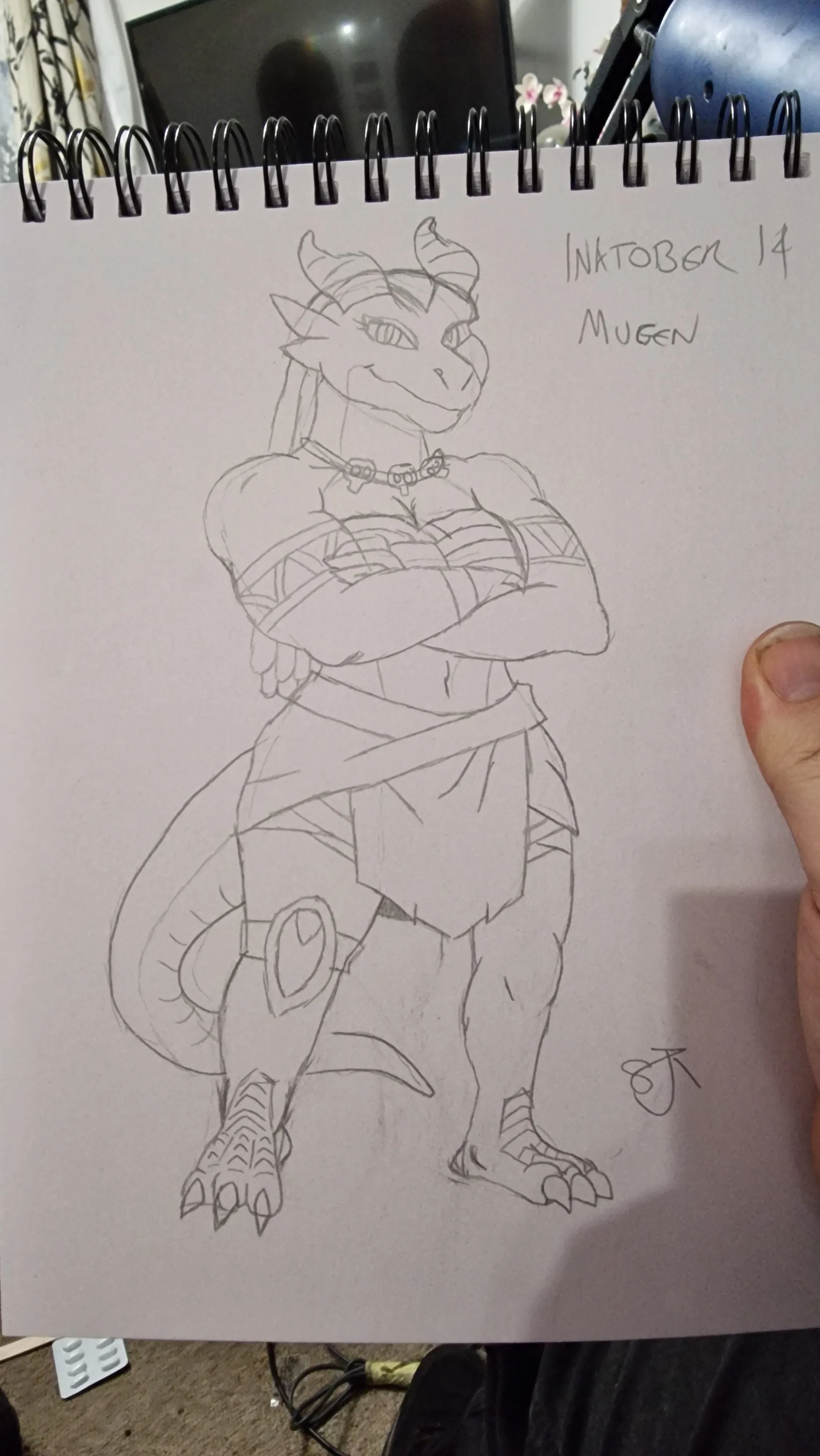 Pencil sketch of Mugen, dragonborn monk-cleric