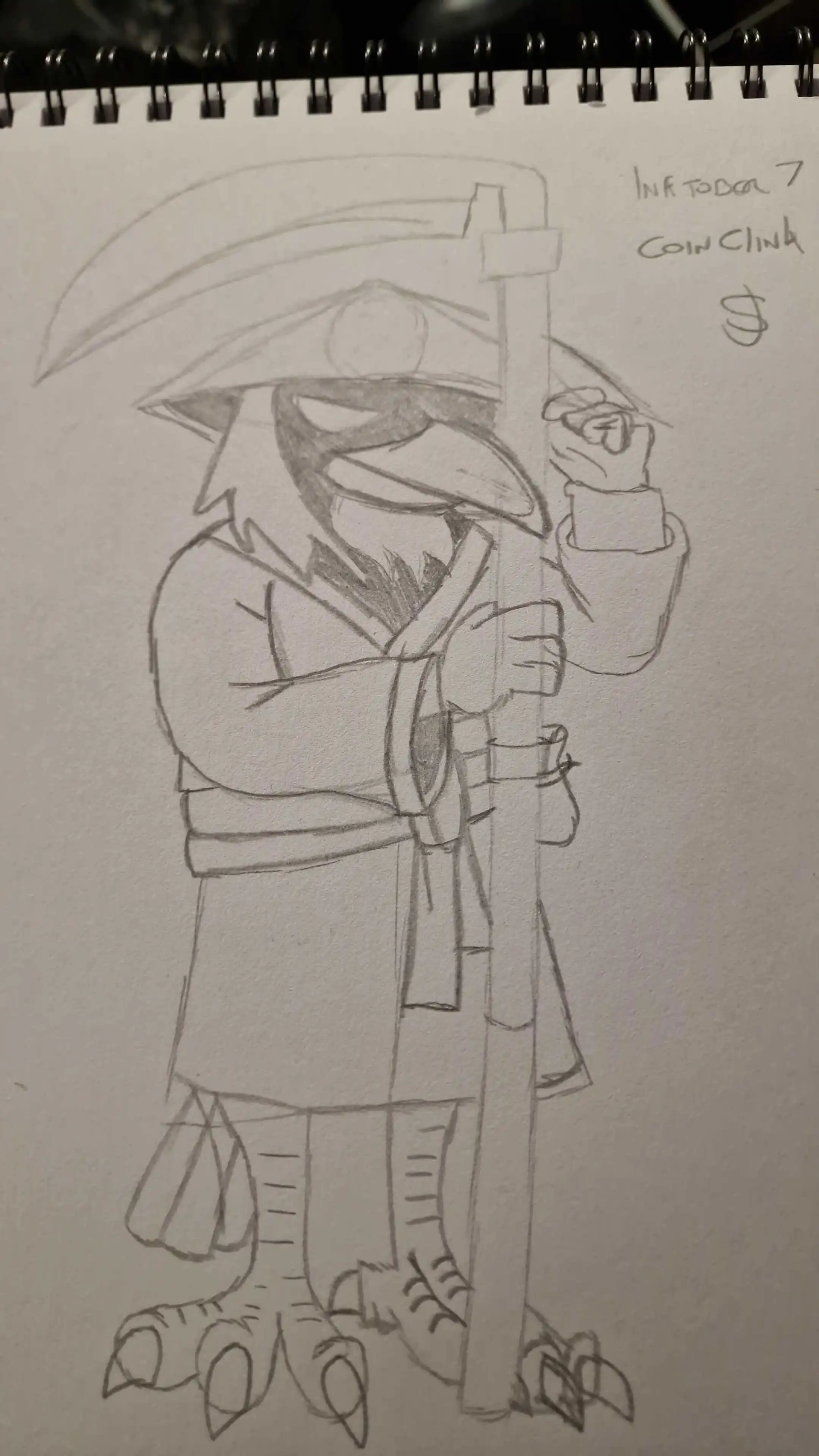 Pencil sketch of Coin Clink, a raven kenku warlock-ranger-rogue